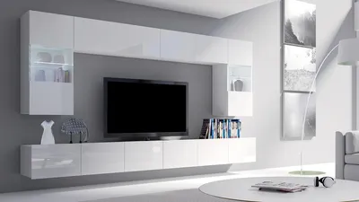 Produktbild von Wohnwand CALABRINI-1 Hängewohnwand, Modern, Schwarz, Hochglanz, mit LED-Beleuchtung, gehärtetes Glas, grifflos, 5 cm,  (Weiß / Weiß Hochglanz)
