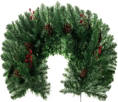 A green Christmas wreath with pine cones and red berries, displayed on a white background.
