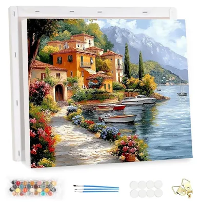 Immagine prodotto di Kit per dipingere per adulti, con cornice, soggetto: città sul mare, colori acrilici, dimensioni 40x30 cm