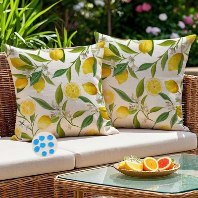 Produktbild von Set mit 2 Outdoor-Kissen (40 x 40 cm), gelbes Zitronendesign, wetterfest, wasserdicht, moderne Sommerdekoration für Garten, Sofa, Balkon und Terrasse