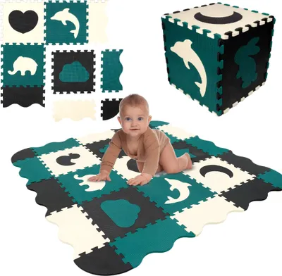 Produktbild von Humbi Puzzlematte Eva Schaumstoff für Babys und Kinder Krabbelmatte Spielmatte Fitnessmatte 31,5x31,5x1 cm 34 Teile Tiere schwarz creme dunkelgrün