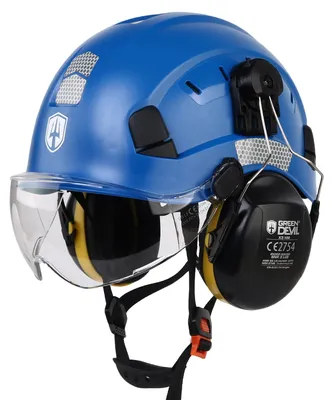 Imagen del producto de Casco de seguridad 3 en 1 con visera y protección auditiva, fabricado en ABS, talla 53-63 cm, para uso en obras