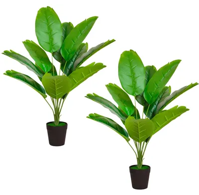 Image de 2 grands bananiers artificiels (64 cm), un palmier tropical artificiel à 12 feuilles, des plantes en pot artificielles idéales pour décorer les pièces, les bureaux, les chambres ou les jardins.