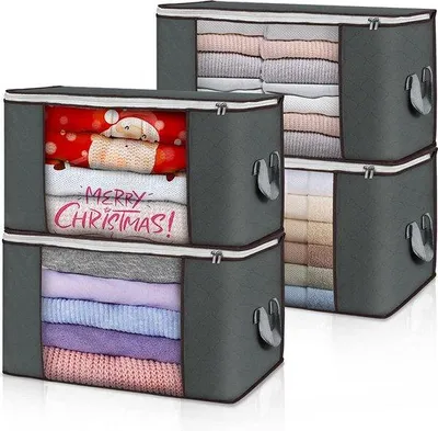 Immagine prodotto di Uniqoos® Confezione da 4 sacchi pieghevoli per la conservazione, capacità 90 litri (60x45x35 cm), con coperchio, cerniera a doppia direzione e finestra trasparente – Grigio