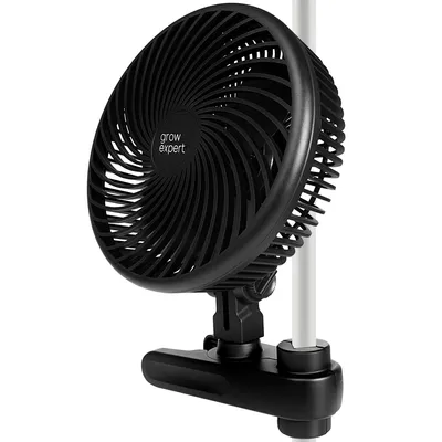A black clip-on fan is shown attached to a white pole against a white background.
