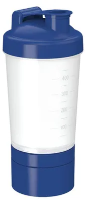 Produktbild von Shaker "Protein" Pro 2+ mit 400 ml - Fitness Shaker für Eiweiß- & Sportgetränke mit drei abnehmbaren Kammern und herausnehmbarem Sieb - transparent/standard-blau PP