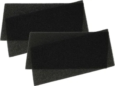 Two black foam filters are arranged diagonally on a white background.