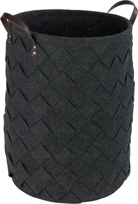 A dark gray woven laundry basket with brown leather handles against a white background.