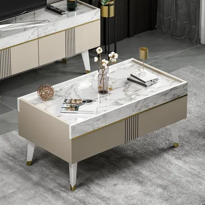 Produktbild von HOMIDEA KARYA Couchtisch – Moderner Wohnzimmertisch und Beistelltisch im eleganten Design (Beige/Marmoroptik)