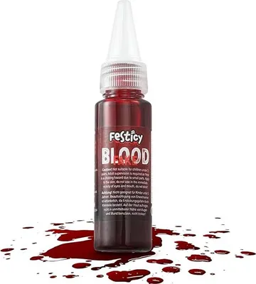 Image de Festicy Sang artificiel 25ml Sets de sang de film I Dents de vampire et sang artificiel pour Halloween I Vampire Zombie Horreur Cire cicatrice Maquillage Faux sang pour enfants