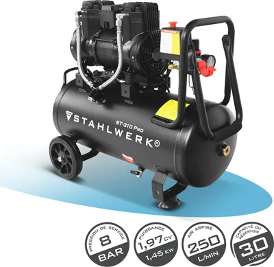 Image de Compresseur STAHLWERK avec réservoir de 30 L (ST-310 Pro) - sans huile & silencieux, 8 bar, compresseur d'air comprimé silencieux avec moteurs Brushless, 1,97 CV, 1,45 kW, 250 l/min