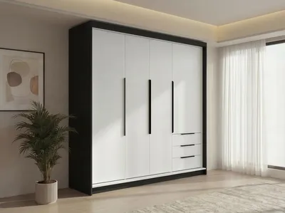 Produktbild von Geräumiger vier-türiger Kleiderschrank KLARI mit Schubladen und Metallgriffen – modernes Design