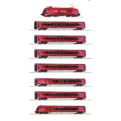 Zdjęcie produktu dla Roco Railjet ÖBB 100 Lat – 8-Częściowy Zestaw Kolekcjonerski 1:87 z Oświetleniem LED