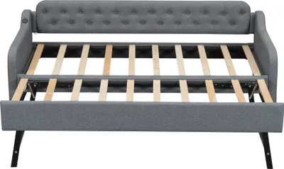 Produktbild von Merax Tagesbett 90x200cm/180x200cm Ausziehbett, Erweiterbares Schlafsofa mit USB und Lattenrost, Leinen Polsterbett Kinderbett Sofabett, Grau