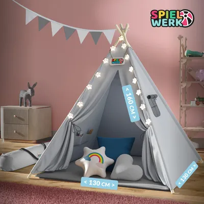 Image de Spielwerk® Tipi enfant Gris avec tapis Tente de jeu Enfants Guirlande lumineuse Tapis de jeu 3 coussins Chambre d'enfant