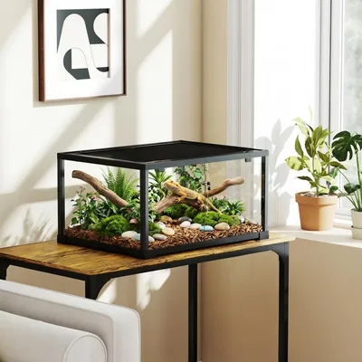 Produktbild von Reptilien-Terrarium 86 L, Vivarium mit Schiebetür, Säulenventilator, Hartglas, Schwarz | 60 x 45 x 32 cm | 11,7 kg | Doppelschloss