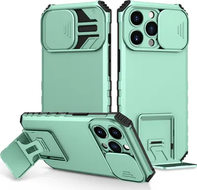 Produktbild von iPhone 15 Pro Max Hülle, Dual Layer Ständer Schutzhülle mit Schiebe Kamera Schutz für iPhone 15 Pro Max Türkis