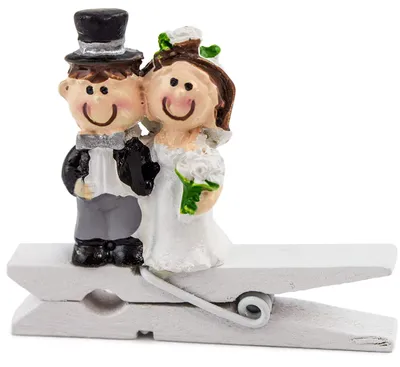 Produktbild von 6er Set BRUBAKER Mini Holz Wäscheklammern mit Hochzeitspaar - Tischklammern - Tischkartenhalter - Hochzeitsdeko - für Hochzeit, Verlobung