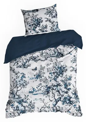 Image de EUROFIRANY | Linge de lit - Parure de lit - blanc et bleu - 140 x 200 cm - 100 % satin de coton - Parure de lit - à motifs floraux