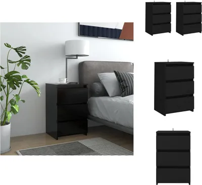 A bedroom scene with a nightstand and bed, alongside separate product shots of the nightstands.