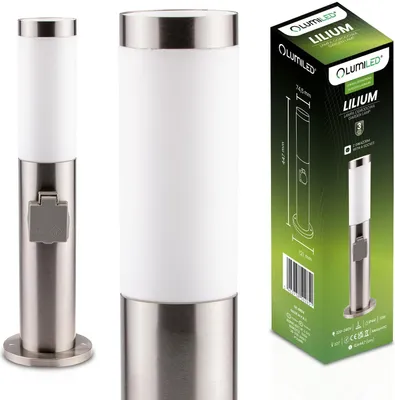 Obrázok produktu pre LUMILED stojanové svetlo Vonkajšie 45cm stĺpikové svetlo so zásuvkou IP44 z nehrdzavejúcej ocele E27 záhradné svetlo Strieborná stojaca lampa Svetlo na cestu Vonkajšia lampa