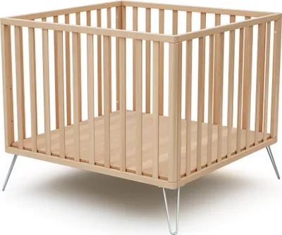 Produktbild von JURABABY - Laufstall Baby Holz 100x100 ONLY Buche Natur und Stahl 100 x 100 cm | Laugitter 3 Stufen Höhenverstellbar | Stahlfüße