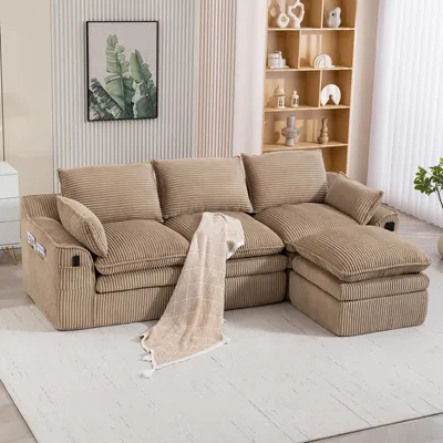 Produktbild von STILVORA Modulares Cordsofa aus Cord mit Hocker, Wohnzimmersofa mit Kissen und 2 Seitentaschen, 3-Sitzer Sofa mit Federkern und Schaumstoff , Hellbraun