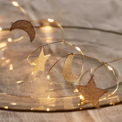 Lichterkette 20 LEDs Mond & Sterne Gold Timer batteriebetrieben