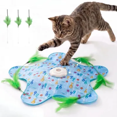 Interaktives Katzenspielzeug mit Feder, Mausgeräuschen, aufladbar, blau