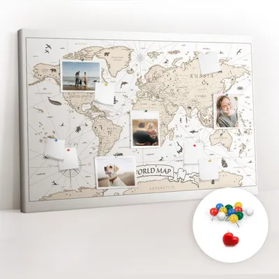Obrázek produktu pro Korková nástěnka s kolíčky - Tabule s kolíky pro fotografie a poznámky - 120x80 cm - Připínáčky barevné 100 kusů - Vintage mapa světa