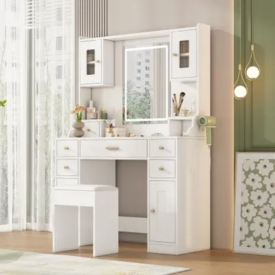 Productafbeelding van Make-uptafel met verstelbare LED-verlichting en stopcontacten, make-uptafel met spiegel, 6 lades en 4 deuren, geschikt voor de slaapkamer, wit, afmetingen 105×152×40 cm (breedte x hoogte x diepte)