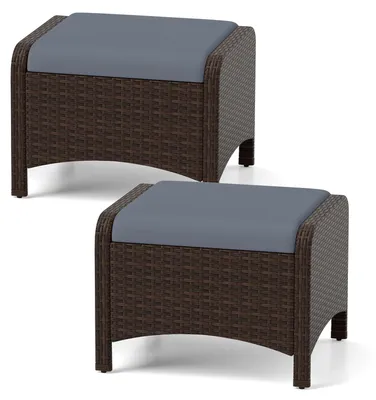 Image de COSTWAY, lot de 2 tabourets de jardin en polyrotin, tabourets avec coussins amovibles, tabourets en rotin résistants aux intempéries, tabourets de jardin pour le jardin, le balcon et la terrasse, gris
