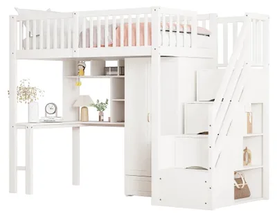 Image de Lit superposé pour enfants, 90x200 cm, en bois massif, avec espace de rangement, armoire, bureau et escalier avec rangement, couleur blanche