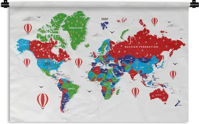Produktbild von MuchoWow® Wandteppich Wandbehang Weltkarte - Farben - Luftballon 60x40 cm Tapisserie Dekoration Wandtuch - Wanddekorationen