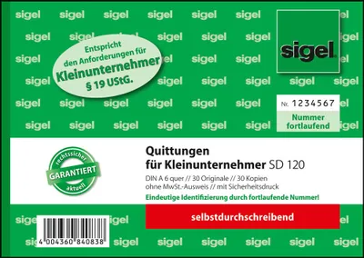 Produktbild von SIGEL SD120 Quittungen für Kleinunternehmer, ohne MwSt.-Ausweis, fortlfd. Nummer, 1./2. Blatt bedruckt, mit Sicherheitsdruck, A6 q, selbstdurchschreibend, 2 x 30