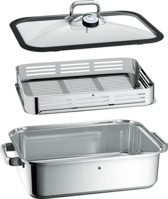 A disassembled steam cooker set, showing the base, insert, and lid.