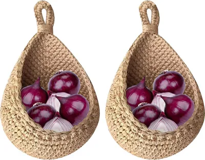 Image de (Jaune, L) Lot de 2 paniers muraux suspendus, paniers bohémiens en forme de goutte, hamac à fruits suspendu pour la cuisine sous l'armoire, pour ranger les légumes et les fruits dans la cuisine