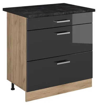 Productafbeelding van Keukenonderkast Vicco R-Line Antraciet Hoogglans/Goudkleurig Eiken 80 cm met 3 laden antraciet werkblad, Model 72424