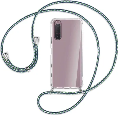 Produktbild von Handykette Backcover-Schutzhülle mit Band (Metall silberfarben) für Sony Xperia 5 II - grün/blau/weiß