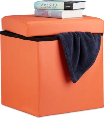 Produktbild von Relaxdays Faltbarer Sitzhocker, Sitzcube mit Stauraum, Fußablage, Sitzwürfel aus Kunstleder, HBT 38 x 38 x 38 cm, orange