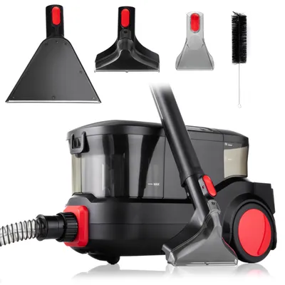 A cleaning appliance with various attachments displayed against a white background.