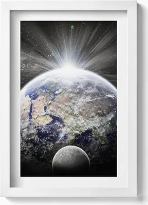Produktbild von Ansicht der Erde und des Mondes– Wandbild mit Rahmen – Gerahmtes Bild  – Wanddekoration – 20x30 cm – Weiß