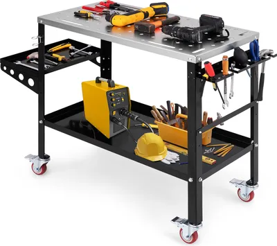 Obrázok produktu pre COSTWAY Mobilný zvárací stôl 92x46 cm, zvárací pracovný stôl s otvormi φ 1,6 cm, stojan na náradie, 8 otvorov na náradie a 2 držiaky zváracích trysiek, do 540 kg