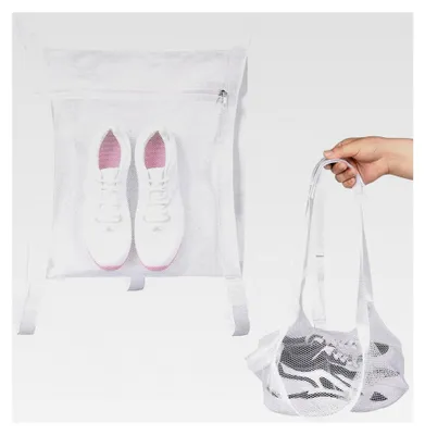 Produktbild von 2 Stück Schuhwaschbeutel für die Waschmaschine mit Klettverschlussriemen, Netzstoff, wiederverwendbare Wäschebeutel für Sneaker und Netzschuhe (Weiß)