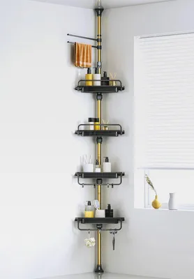 Produktbild von Upgrade Stabiler Dusch-Caddy mit Spannstange, Schwarz und Gold, Eck-Dusch-Caddy 18/8 Edelstahl, rostfrei, 4 Etagen, verstellbare Ablagen für Badewanne, Shampoo, Zubehör, Aufbewahrungsregal,