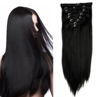 Immagine prodotto di Estensioni per capelli da applicare con clip, set da 8 pezzi, 18 clip, lunghezza 66 cm, colore nero scuro