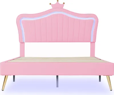 Produktbild von Flieks Polsterbett 140x200cm mit Lattenrost, Jugendbett Kinderbett mit Led, Doppelbett mit Kronenformung, Holzbett Klassisches Bett, PU, Rosa