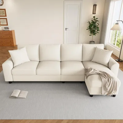 Produktbild von Merax L-Form Ecksofa 4 Sitzer, Chenille Sofa Mit Chaiselongue, Klappbare Rückenlehne, Getränkehalter, Bettkasten, Stauraum, Couch, Soffa, Beige