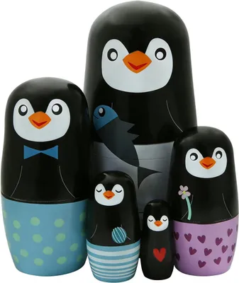 Productafbeelding van Russische houten poppen met dierenthema - Set van 5 - Pinguïns - Schattige russische matrioshka-poppen