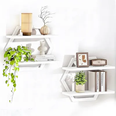 Produktbild von Wandregal Holz, 2er Set, hexagonales Design, für Wohnzimmer